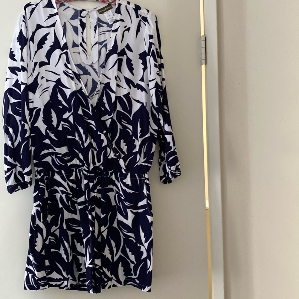Tommy Bahama Navy and White Leaf Print Romper